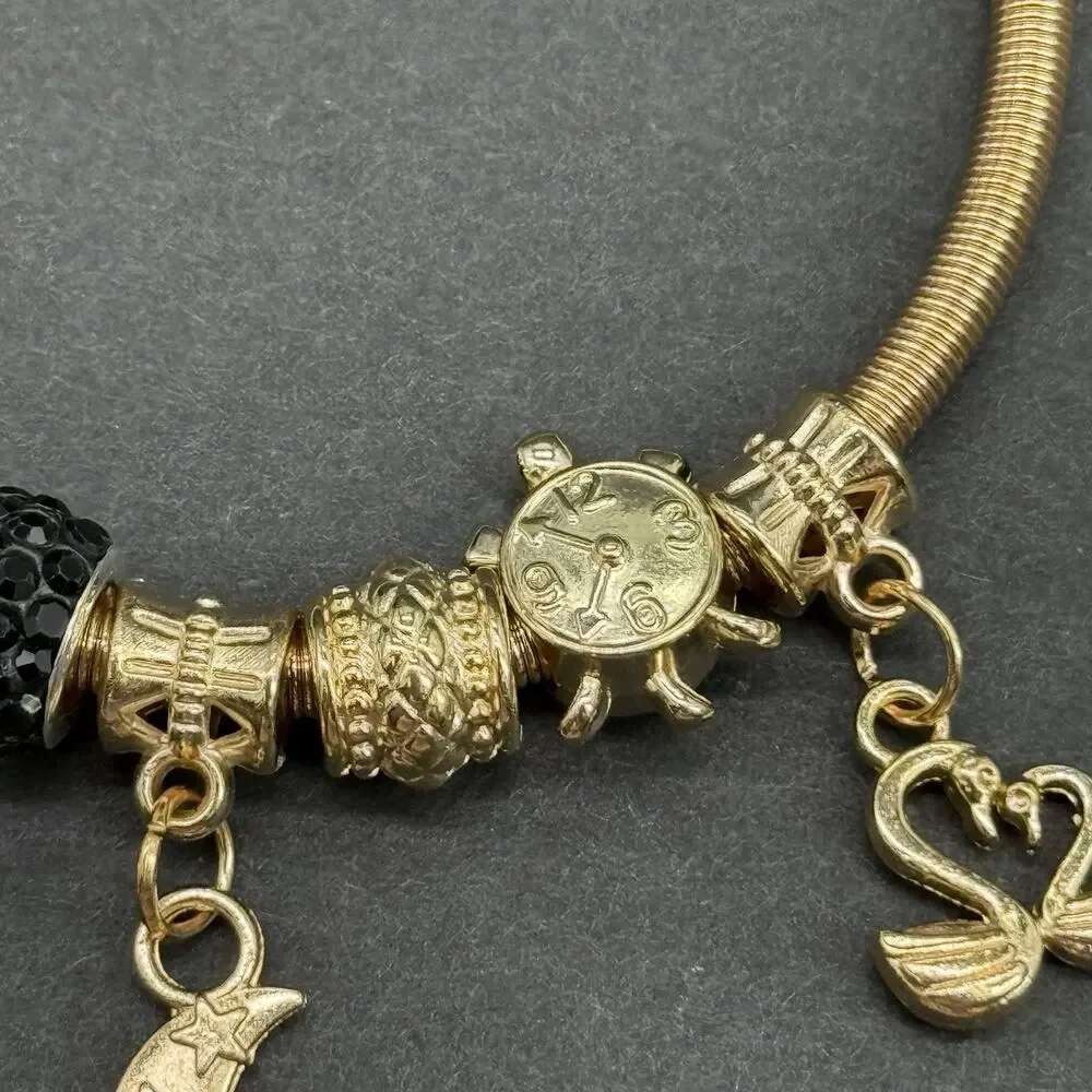 Fashion Gold Tone Quartz Watch Green Face & Swan Moon Charm Bracelet Set